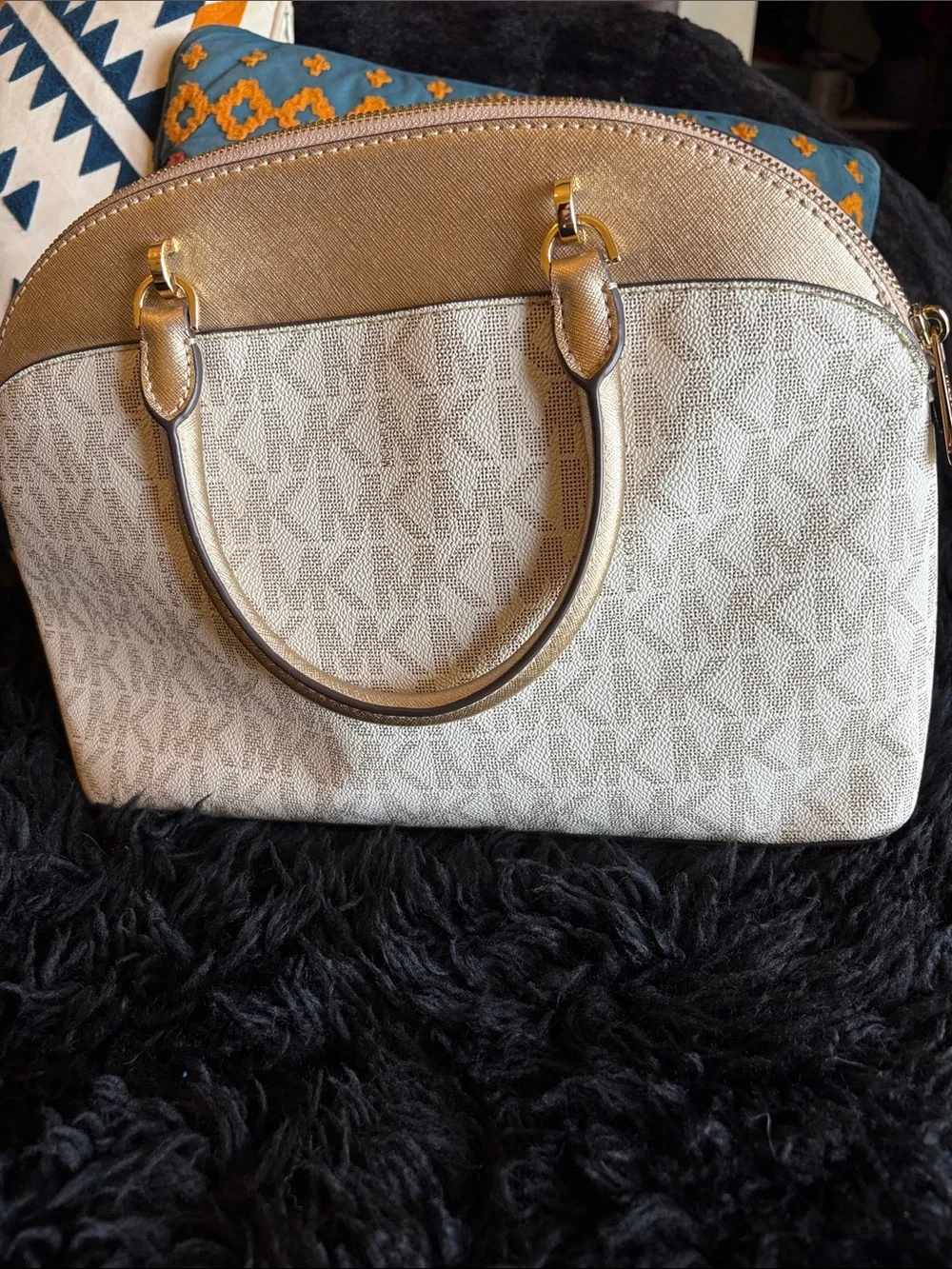 Michael Kors White and Gold Signature Dome Satchel